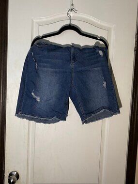 Distressed Dark Wash Denim Bermuda Shorts 2XL